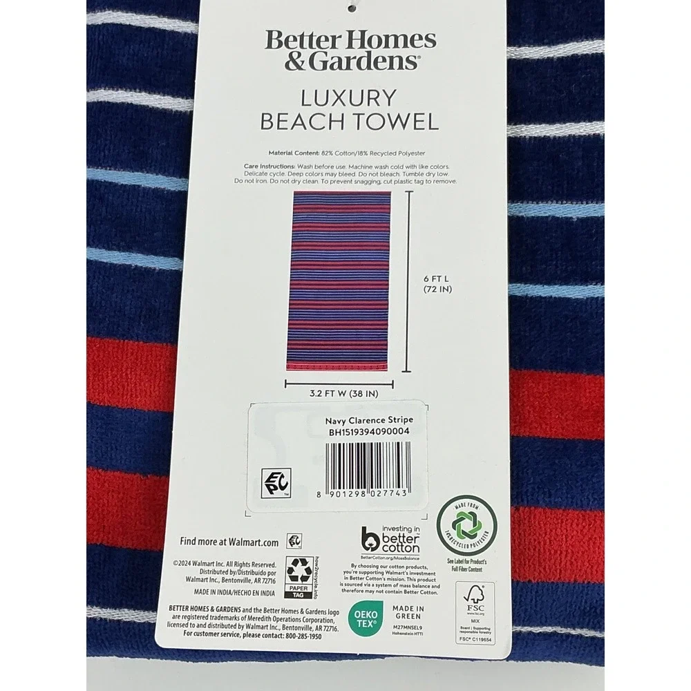 Better Homes &Gardens Oversized Luxury Beach Towel Navy Clarence Stripe 6x3 Feet